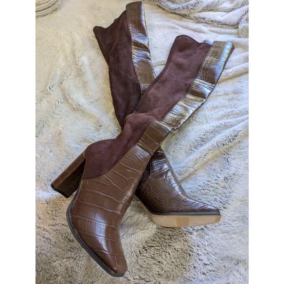 ALDO Flex Women’s Over-the-Knee Boots 7M – Brown Faux Crocodile Tall - Picture 2 of 4